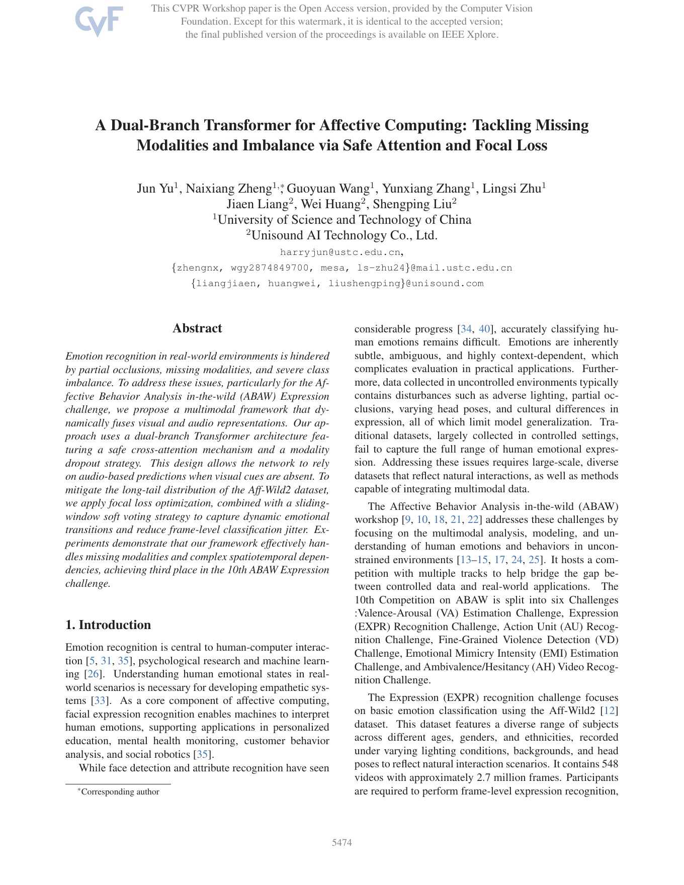 Page 1 of the official paper: A Dual-Branch Transformer for Affective Computing: Tackling Missing Modalities and Imbalance via Safe Attention and Focal Loss